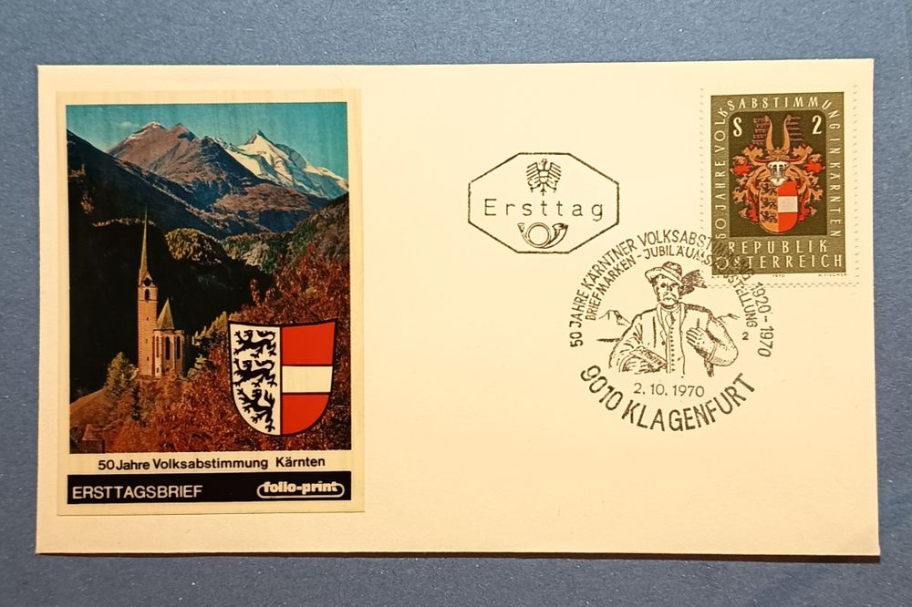 FDC 50. rocznica plebiscytu w Karyntii, znaczek i zdjęcie
