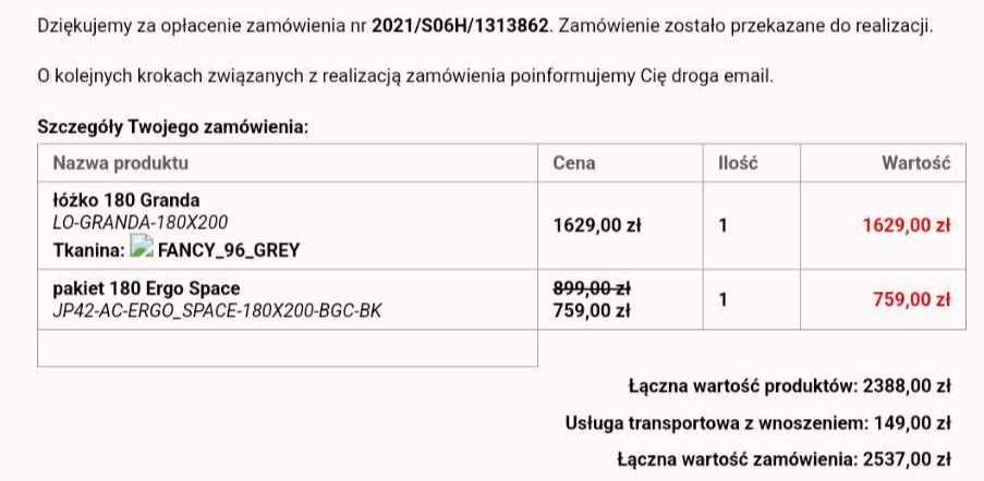 Łóżko 180 Granda z pojemnikiem szare wraz z materacem F35 dreamzone