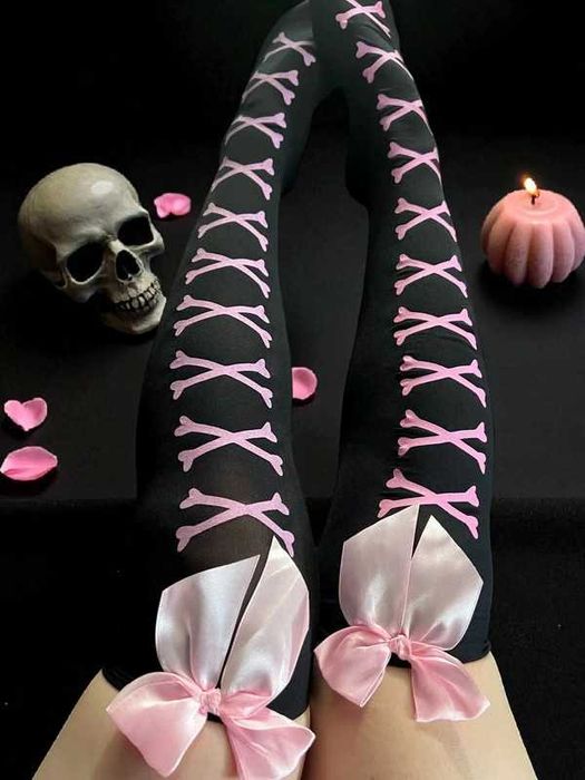Czarne Zakolanówki Różowe Kokardki Kości Gothic Candy Lolita Harajuku