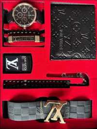 Zestaw prezentowy Louis Vuitton portfel pasek zegarek biżuteria