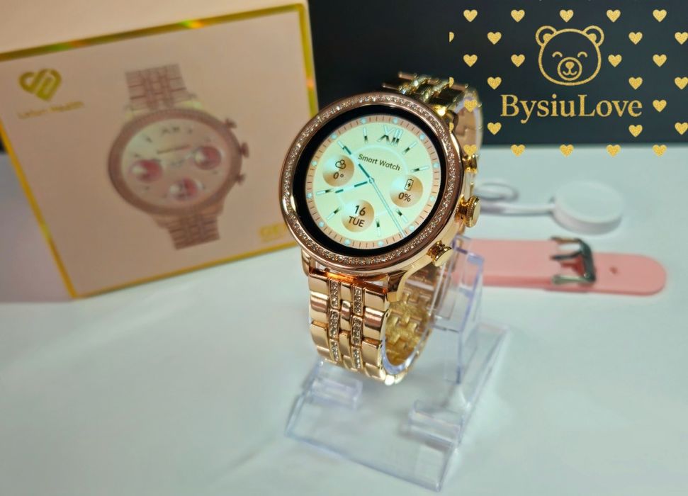 Luksusowy Smartwatch Damski Zegarek Bransoletka Złoty