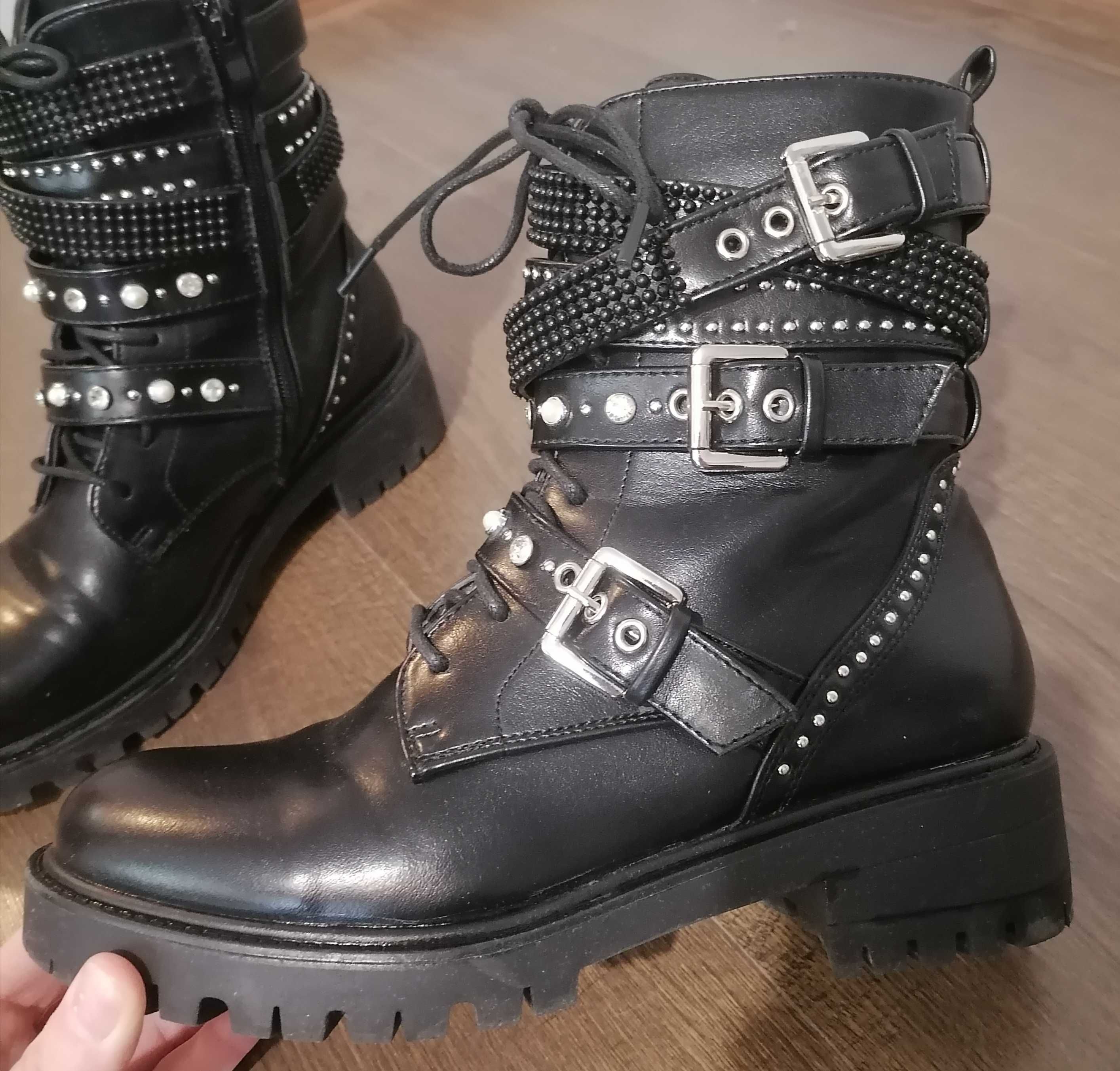Botki workery sztyblety cyrkoniami koraliki 38 jak nowe