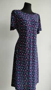 Granatowa sukienka w kwiaty rozmiar XL sukienka midi na krótki rękaw