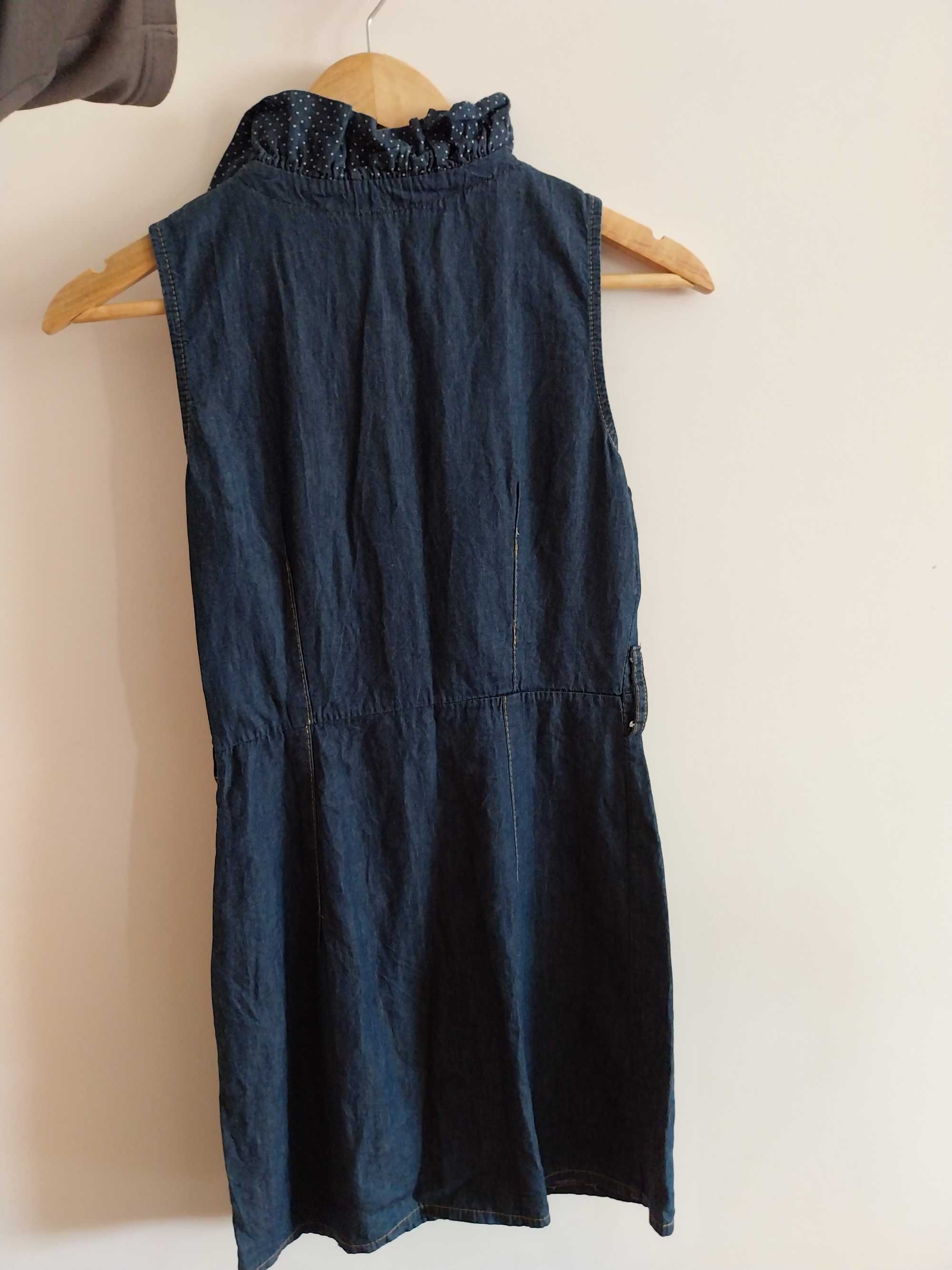 Vestido de ganga, com decote com folhos, 100% algodão, tamanho S/36