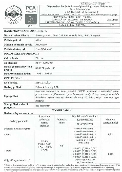 Dzbanek gliniany filtrujący 4 l. Naturalny. Atest+podstawka + pokrywka