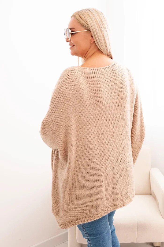 Sweter Plus Size Camelowy Rękaw 3/4 Dzianina Oversize 2XL–4XL