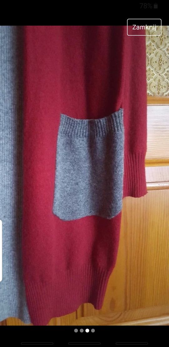 Sweter kardigan narzutka bordowy czerwony szara lamówka i kieszenie