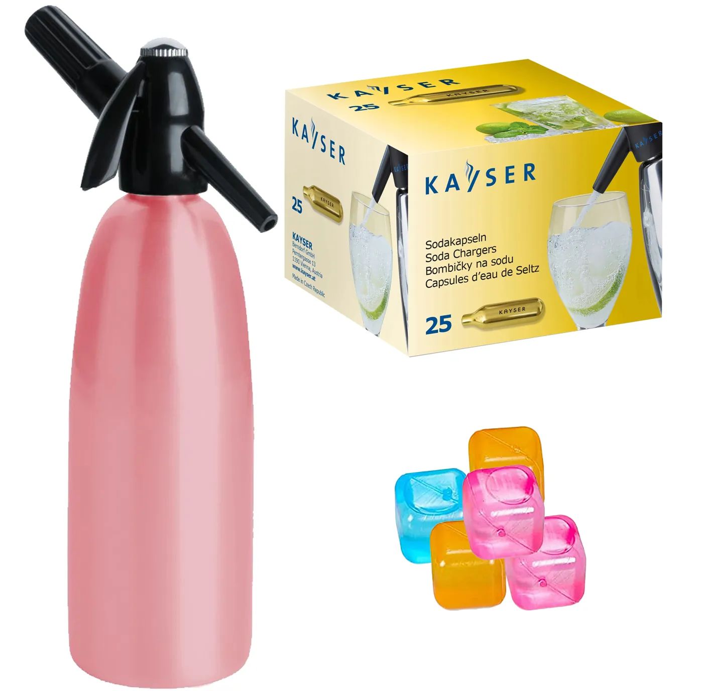 Saturator syfon do wody gazowanej różowy 1L + 25 naboi + 5 kostek lodu