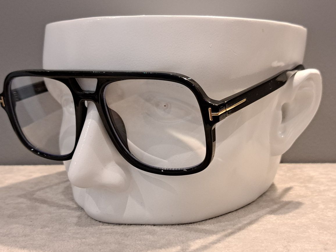 TOM FORD czarne duze okulary zlote logo zerówki oprawki FALCONER