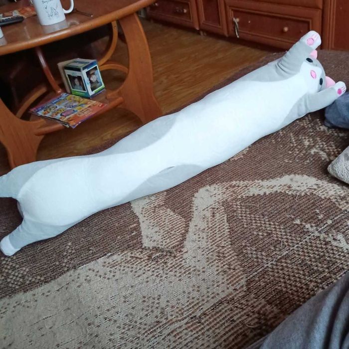 Duża Maskotka Pluszak Długi Kot Lucek 70 CM Szary Biały Na Prezent