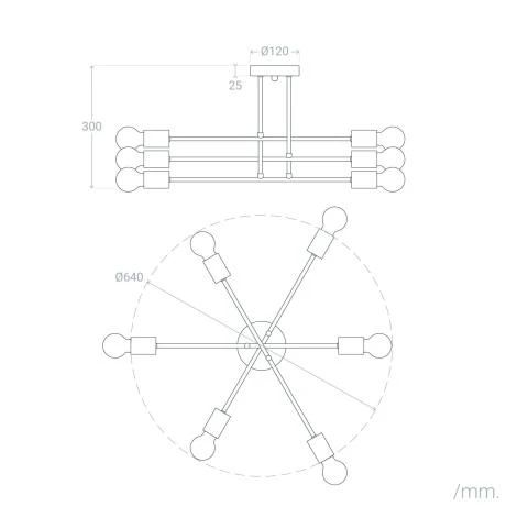 Candeeiro de teto metal preto com 6 focos