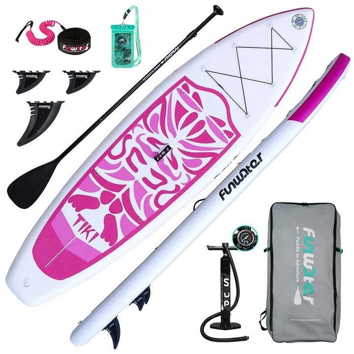 Deska SUP Funwater W02B Różowa dmuchana, 150kg max, 8.3kg,  smycz