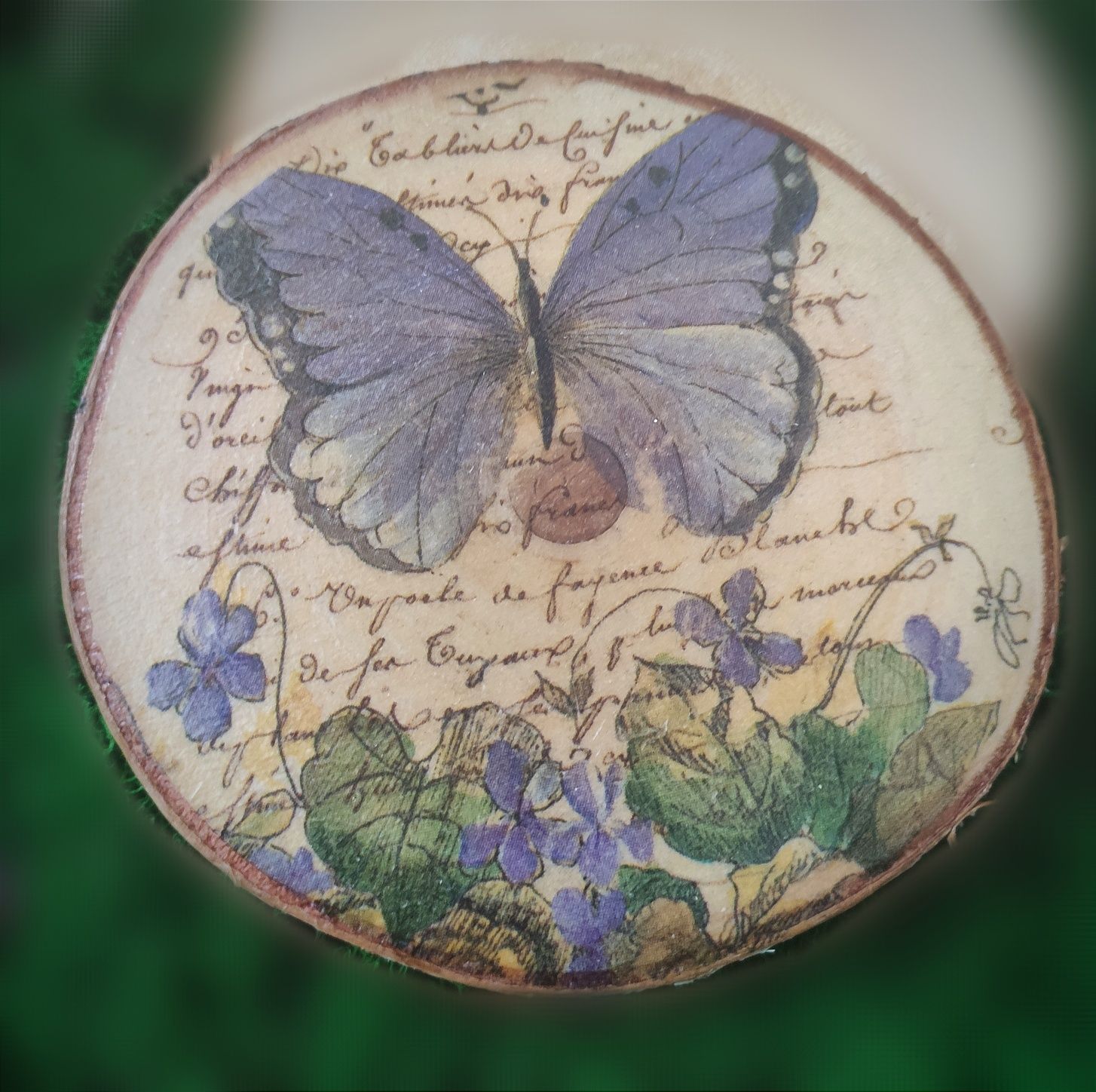 obraz decoupage - motyl w fiołkach