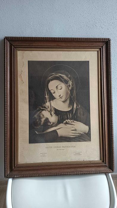 Bardzo stary obraz religijny w ramie drewnianej+ szkło