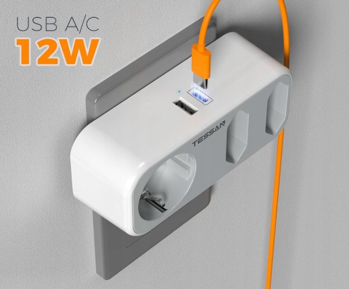 Tessan Lista z gniazdami USB 3, 5 w 1, wyjście AC z 2 USB, 3600 W