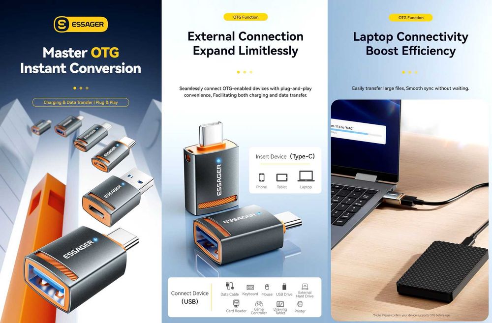 OTG-адаптери TOOCKI/ESSAGER, 20W/30W/60W/100W/240W, USB2.0/USB3.0