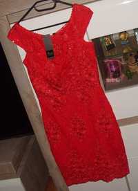 Cudowna  Nowa czerwona sukienka koronka ,cekiny ,hafty r. 38 FORTI
