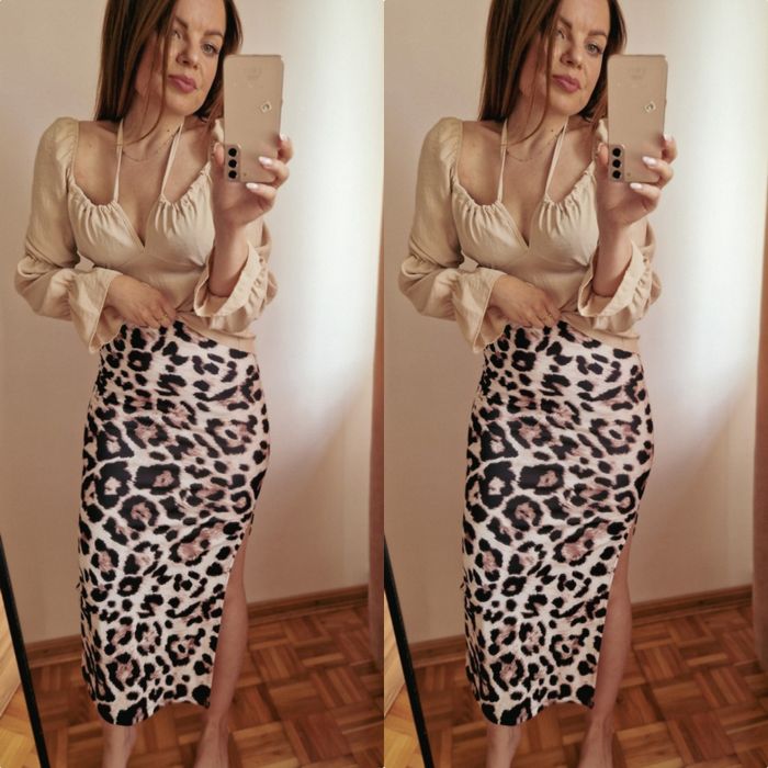 Zestaw spódnica midi panterka czarna bluzka hiszpanka Varlesca chicaca