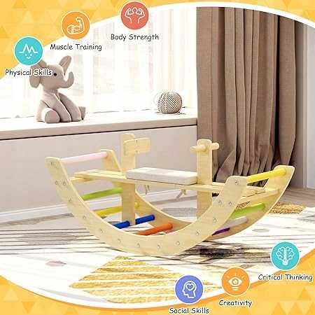 Kolorowy drewniany koń na biegunach łuk drabinka 3 w 1 dla dzieci