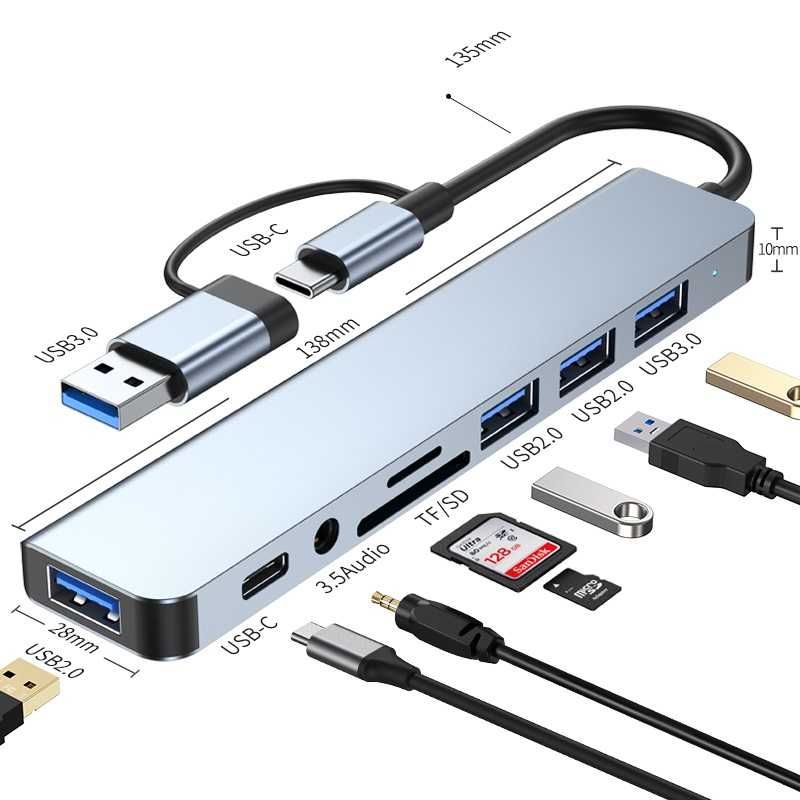Hub adapter przejściówka USB-C 8w1 4xUSB HDMI SD Typ-C jack