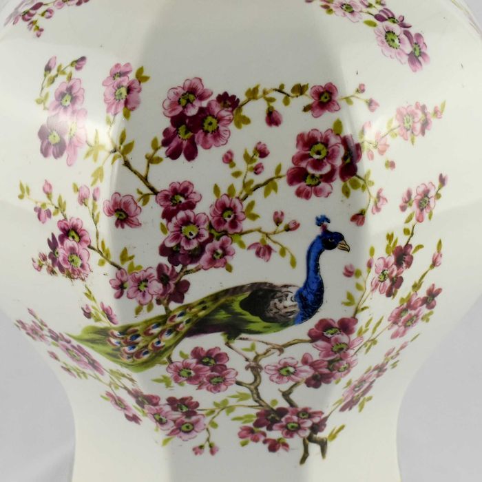 Pote/Jarrão porcelana China decoração Pavão flores caracteres Chineses