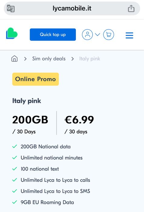 Lycamobile IT +39 Włoski Starter SIM PrepaidCard UE Roaming €0.00