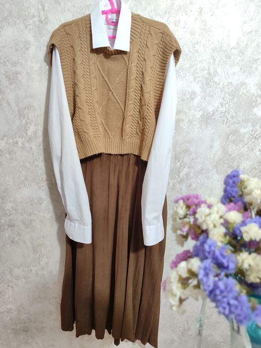 Жилет в'язаний спідниця міді рубашка набір костюм теплий