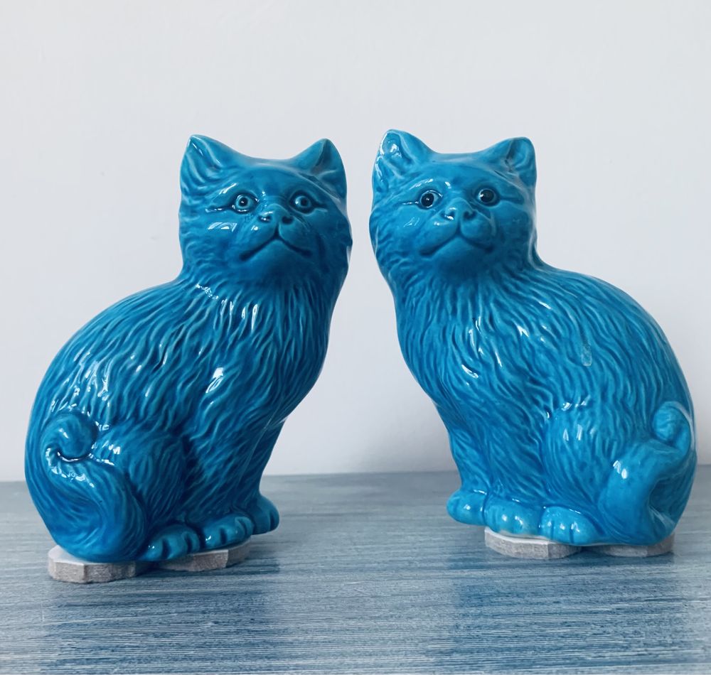 Lindíssimo Par de Gatos Foo Porcelana China Azul Turquesa,Excelente Estado