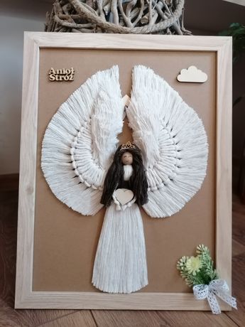 Anioł stróż w ramce 30x40 makrama prezent pamiątka komunia chrzest