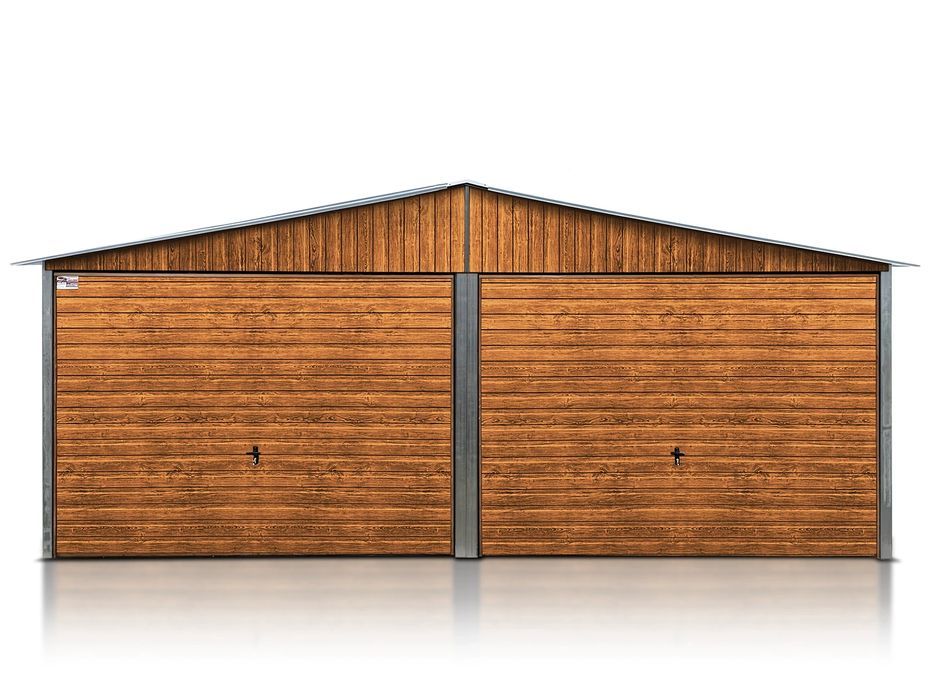 Blaszak dwustanowiskowy 6x5 m - Dach dwuspadowy, Brama uchylna, Drewno