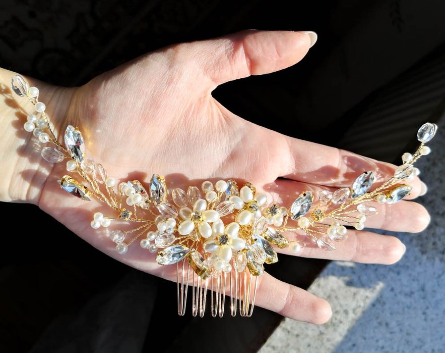 Ozdoba ślubna weselna na włosy do włosów złoto kryształy perły NOWA we