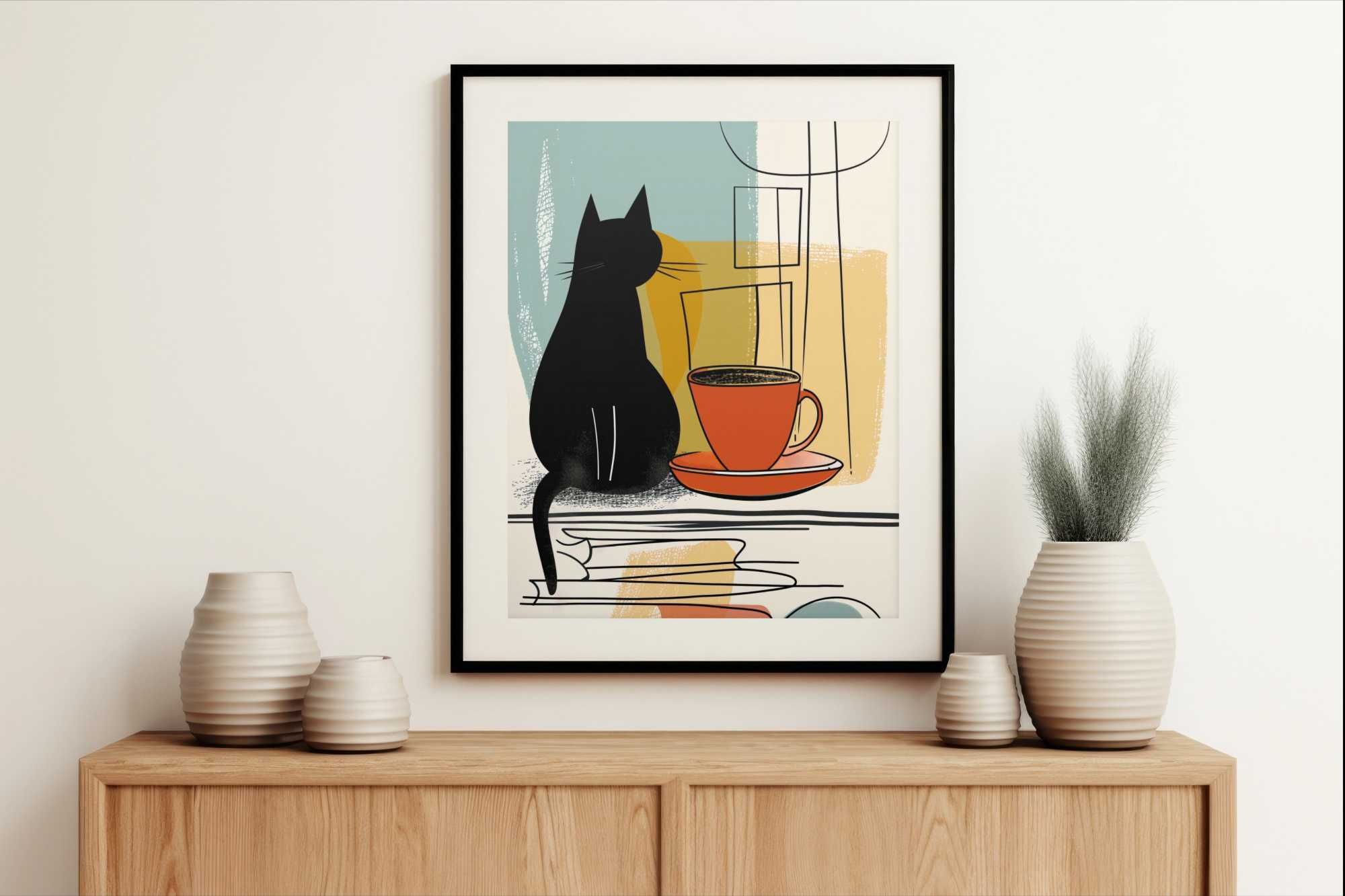 Plakat 50x50cm Kot i Kawa | Boho Minimalistyczny Retro | Do salonu
