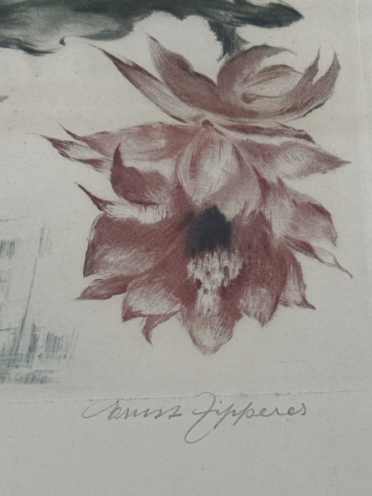 Stara litografia przedwojenna sygnowana kwitnący kwiat w donicy