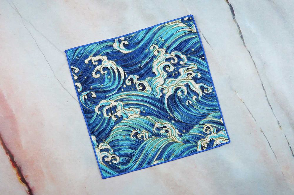 Poszetka męska wielka fala w Kanagawie chusteczka garnitur len lniana