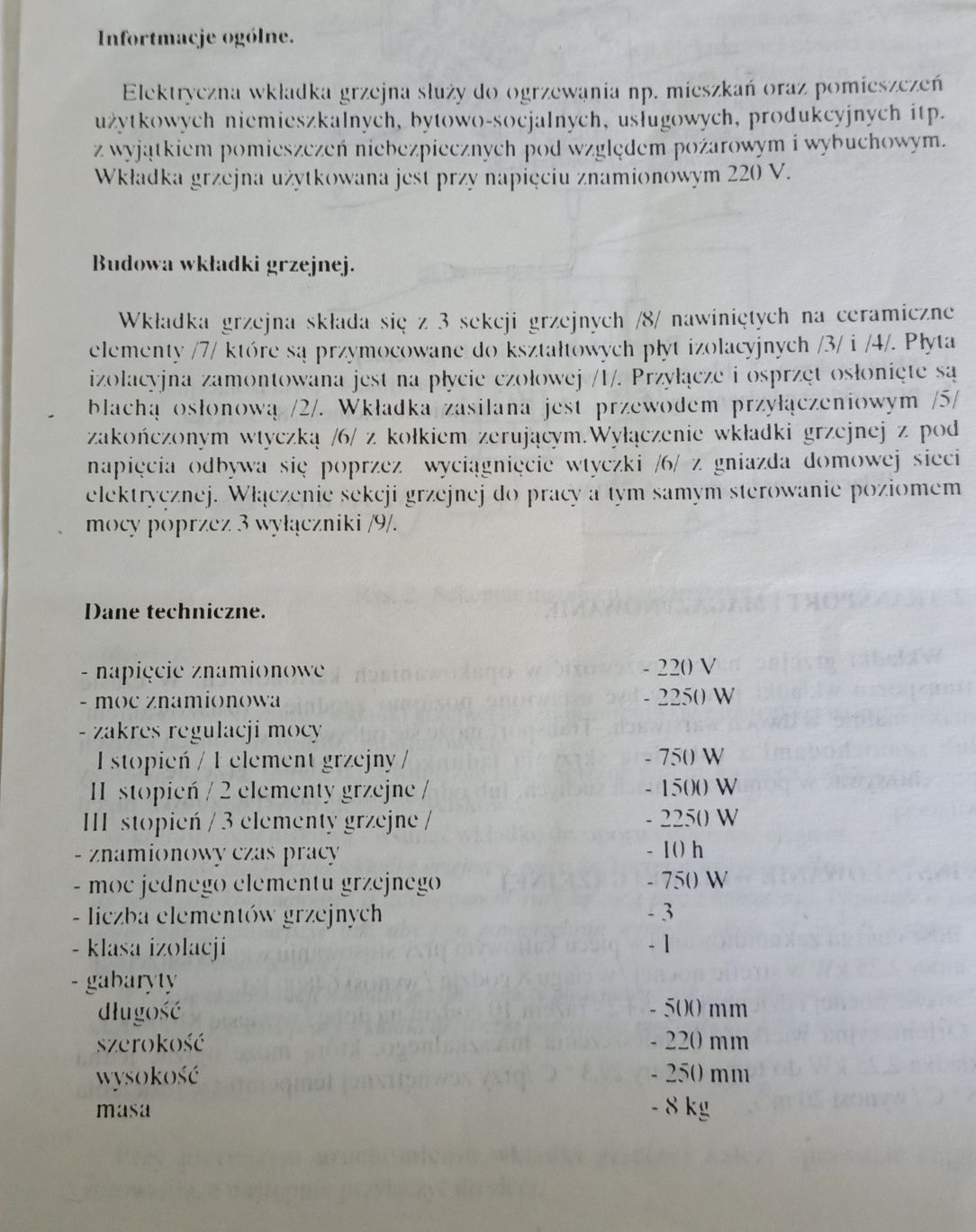 Wkład grzejny, grzałka elektryczna do pieca kaflowego