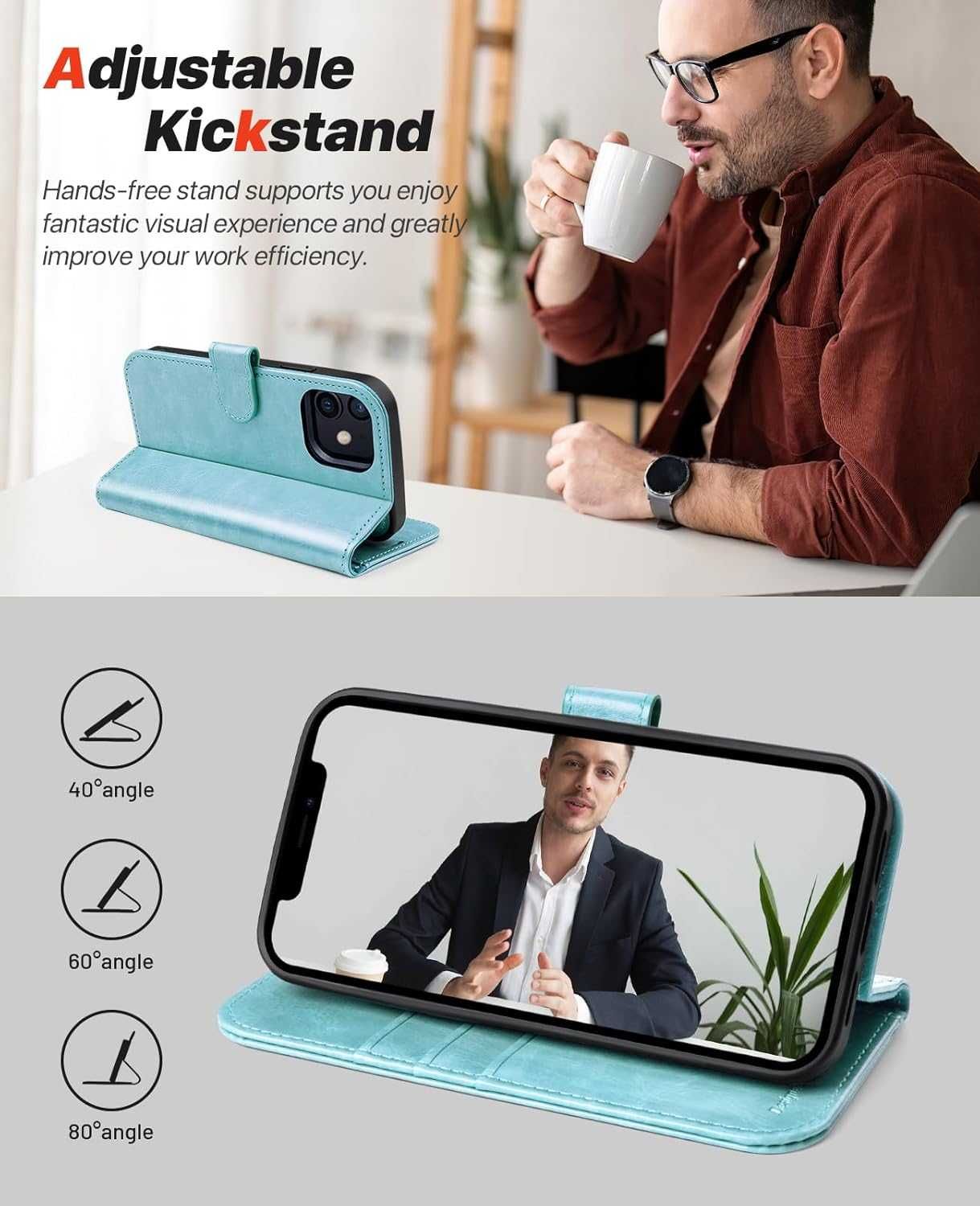 Ocase etui skórzane magsafe iPhone 12 / 12 Pro stojak miętowe RFID 2w1