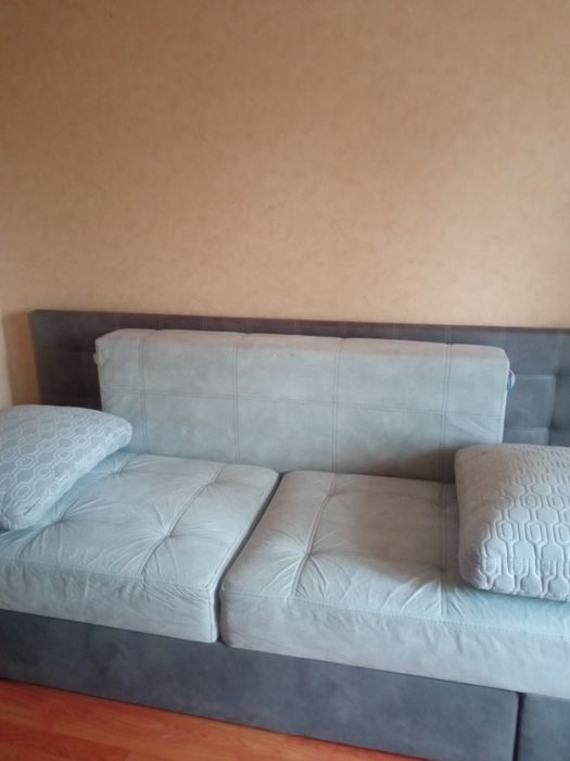 Диван-ліжко. Сірого кольору з подушками.