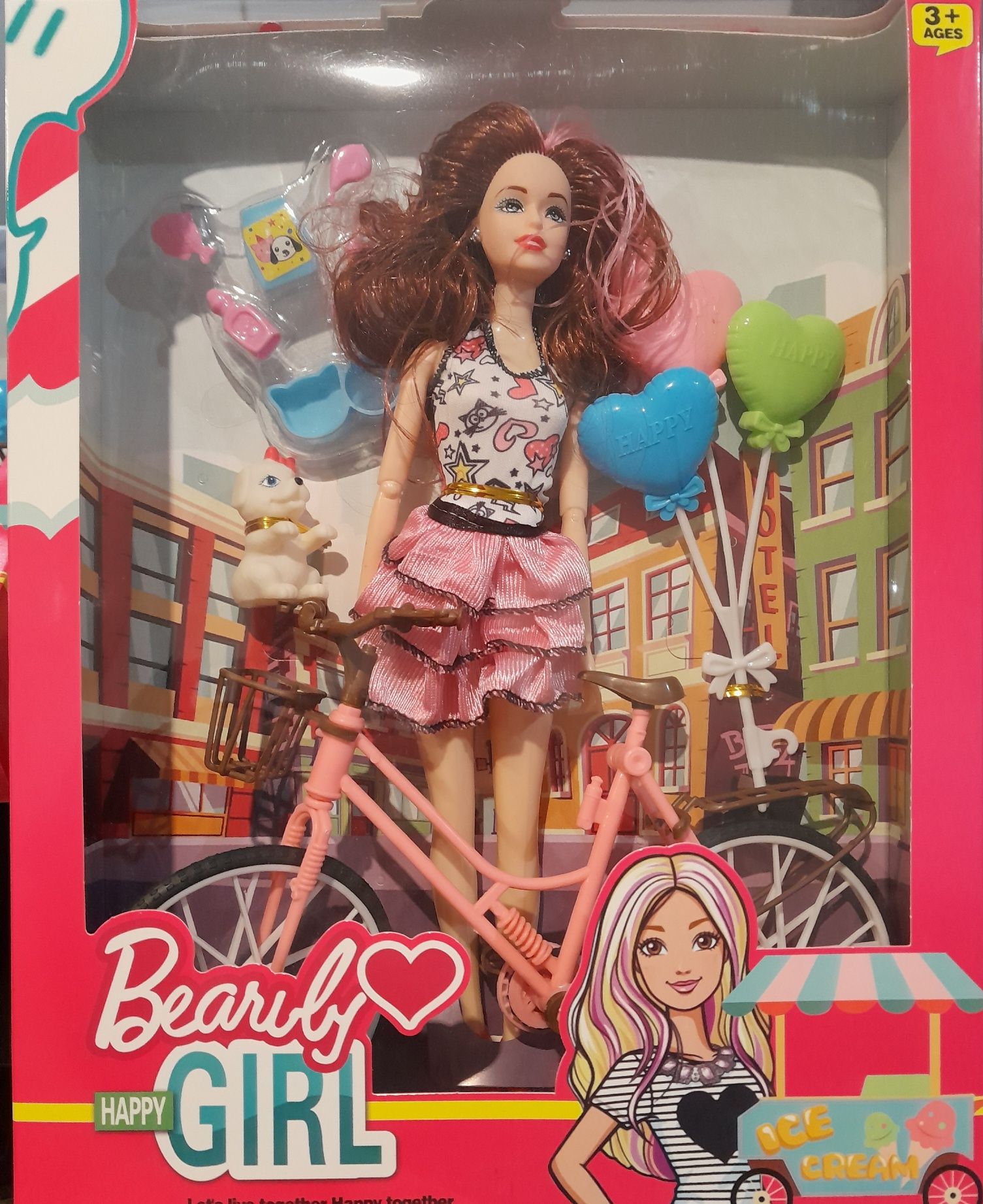 Lalka na rowerze z balonami