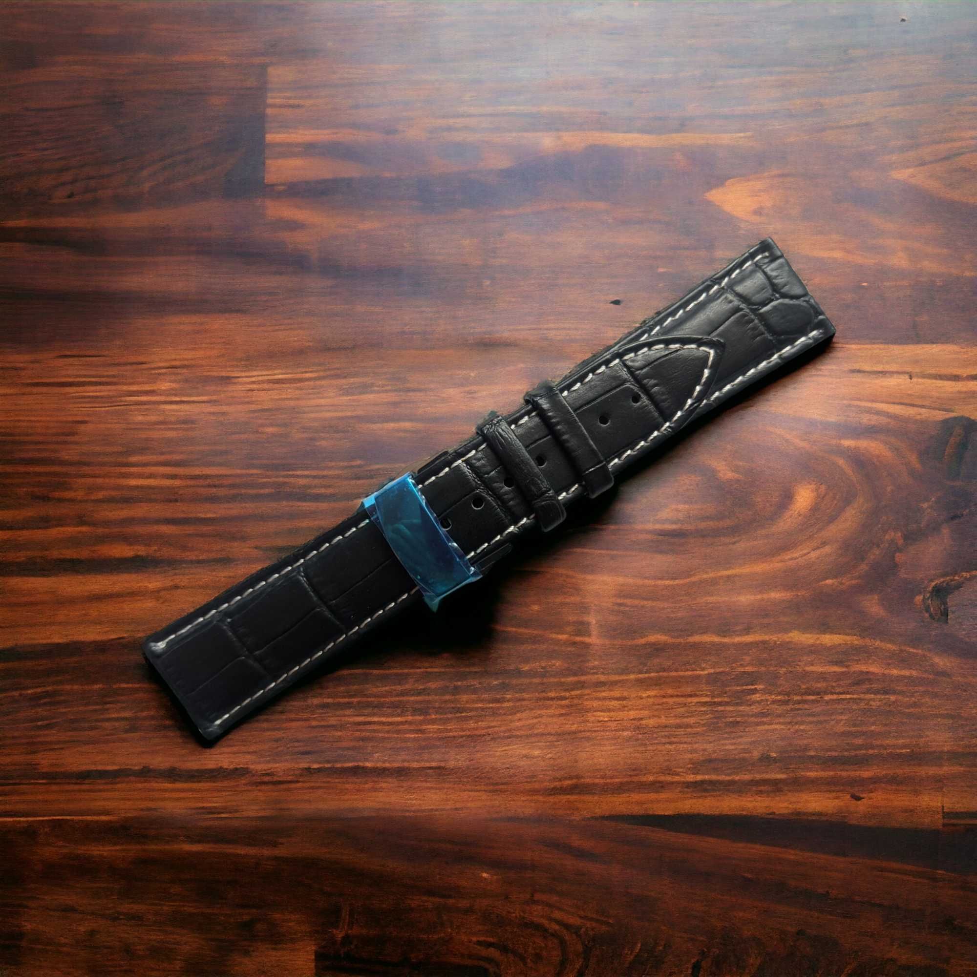 Pasek do zegarka AVIATOR 22 mm czarny biała nitka zapięcie motylkowe