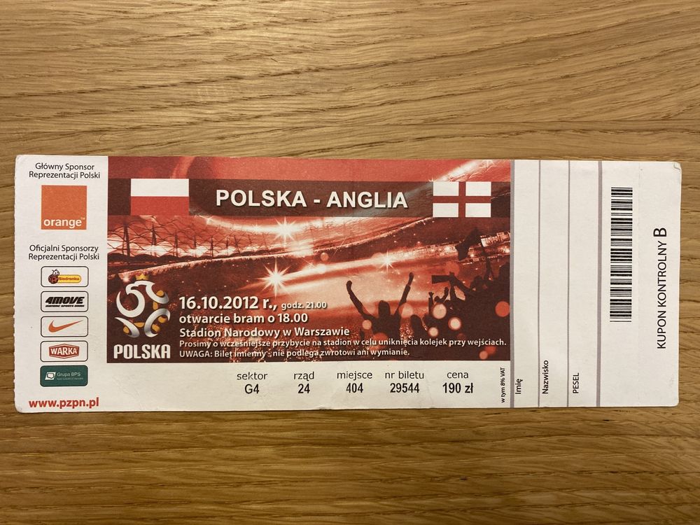 Bilet kolekcjonerski Polska vs Anglia 2012 PGE Narodowy