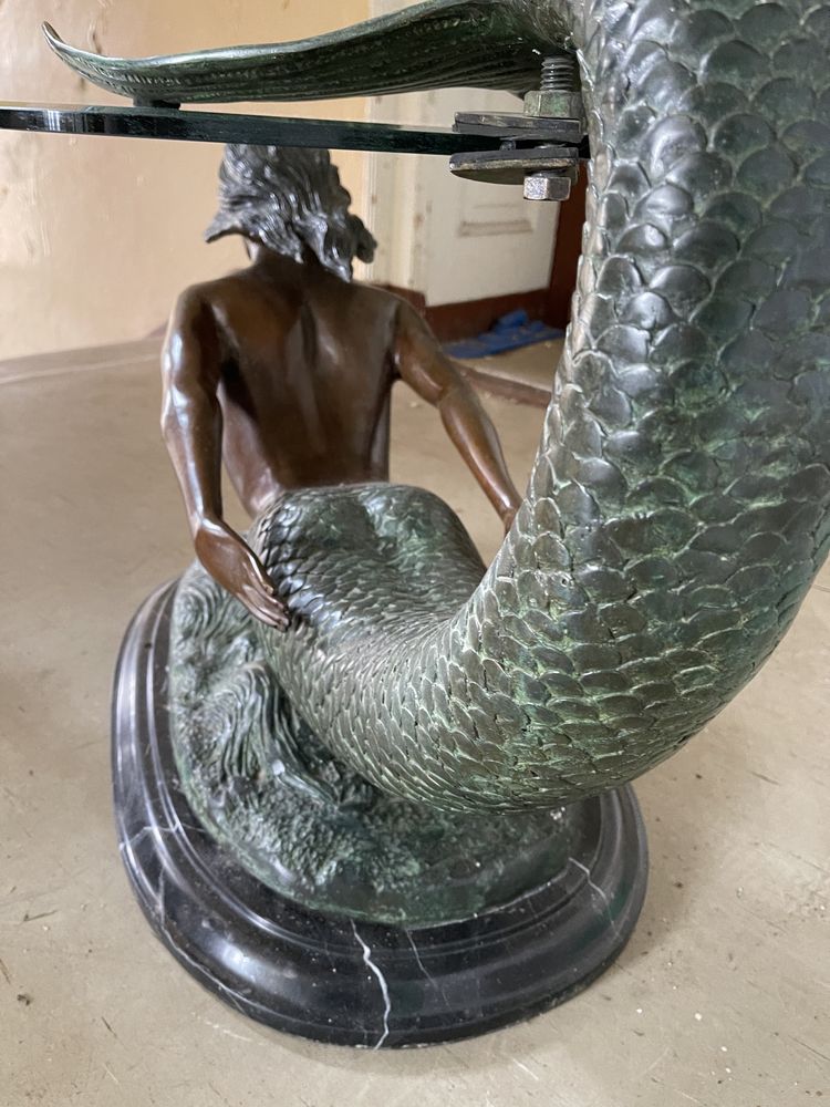 Syrena Ława Stół z brązu brąz szkło Rzezba Figura Kobieta ryba