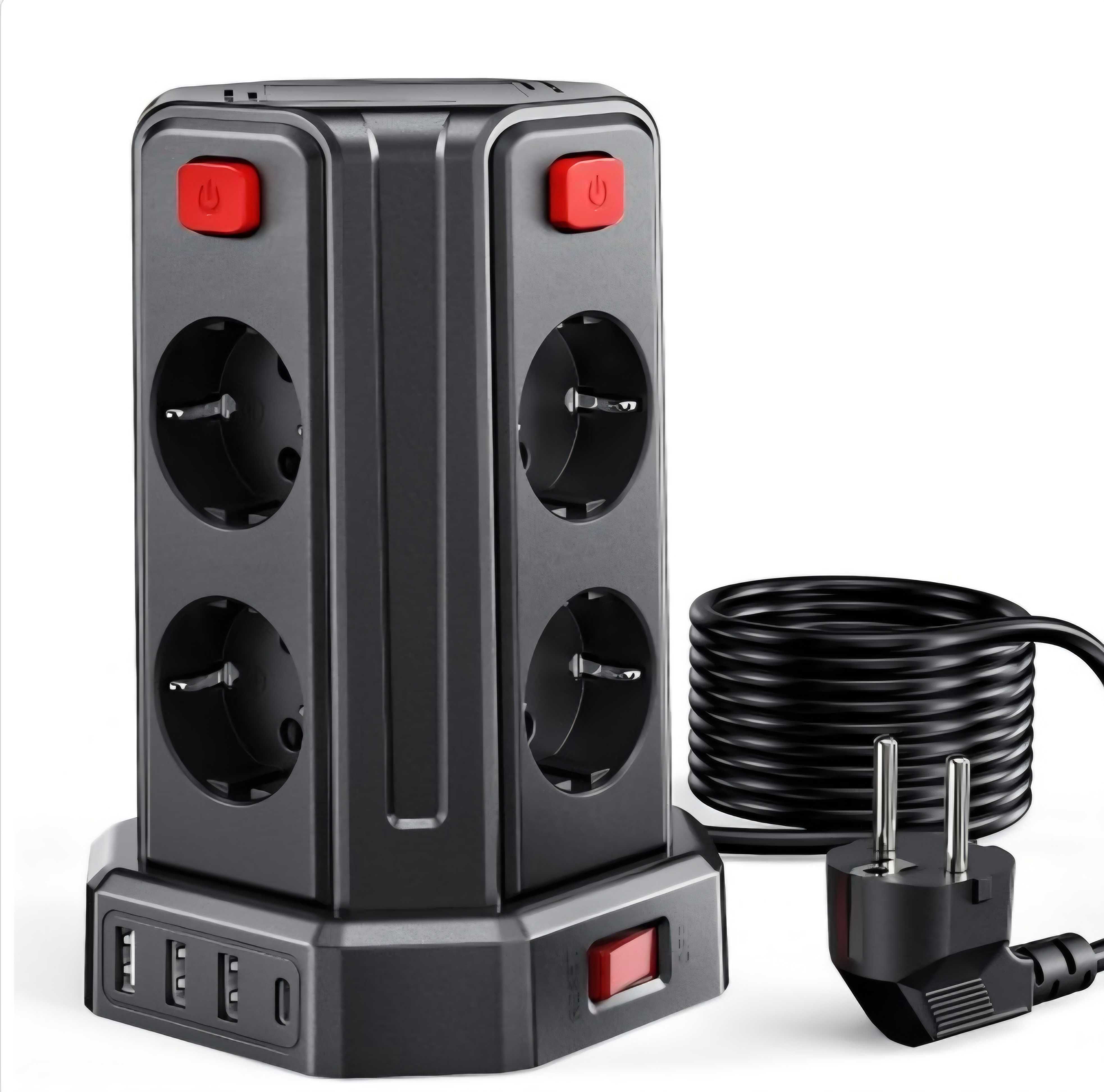 Przedłużacz pionowy wieża 12w1 8 gniazdek 3 x USB-A 1 x USB-C 3m 2500W