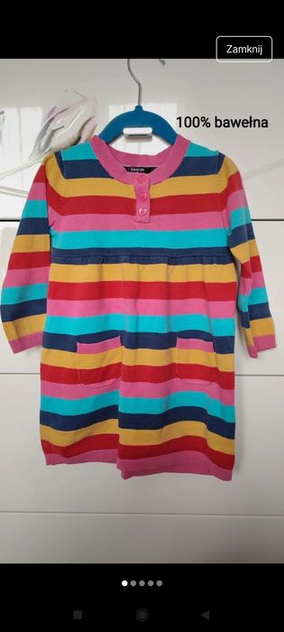 Długi sweter tunika sukienka paski kolorowe 2latka