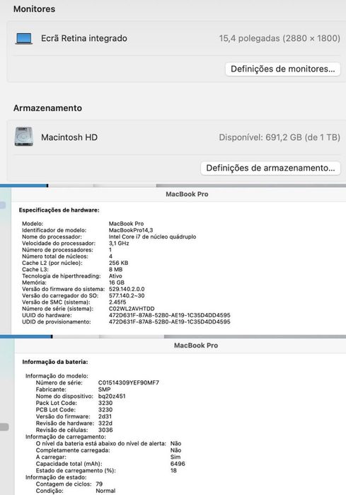 MacBook Pro 15,4" 2017 Touch Bar – i7, 16 GB RAM, 1 TB, bateria nova