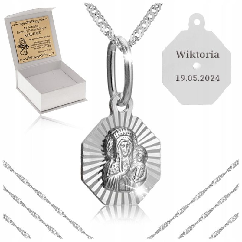 Srebrny Łańcuszek + Medalik Matka Boska 925 Prezent Komunia Chrzest Gr