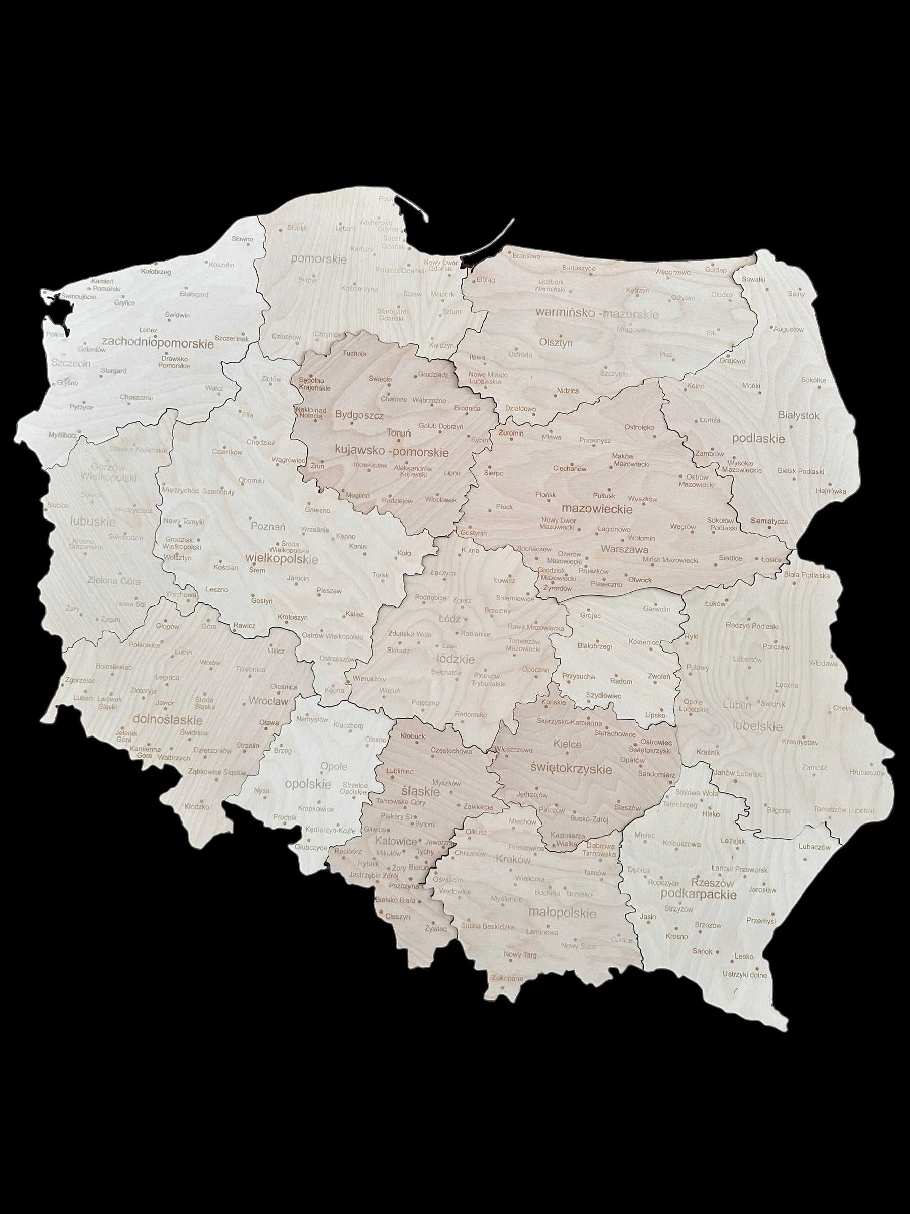 Drewniana nowa mapa Polski naturalna sklejka, województwa 75 cm