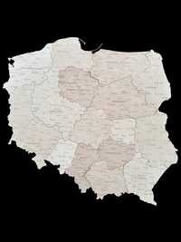 Drewniana nowa mapa Polski naturalna sklejka, województwa 75 cm