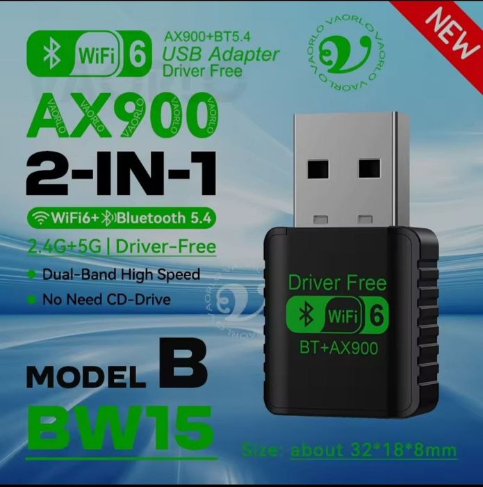 Bluetooth 5.4 + WiFi 6 AX900 2-в-1 (USB адаптер)