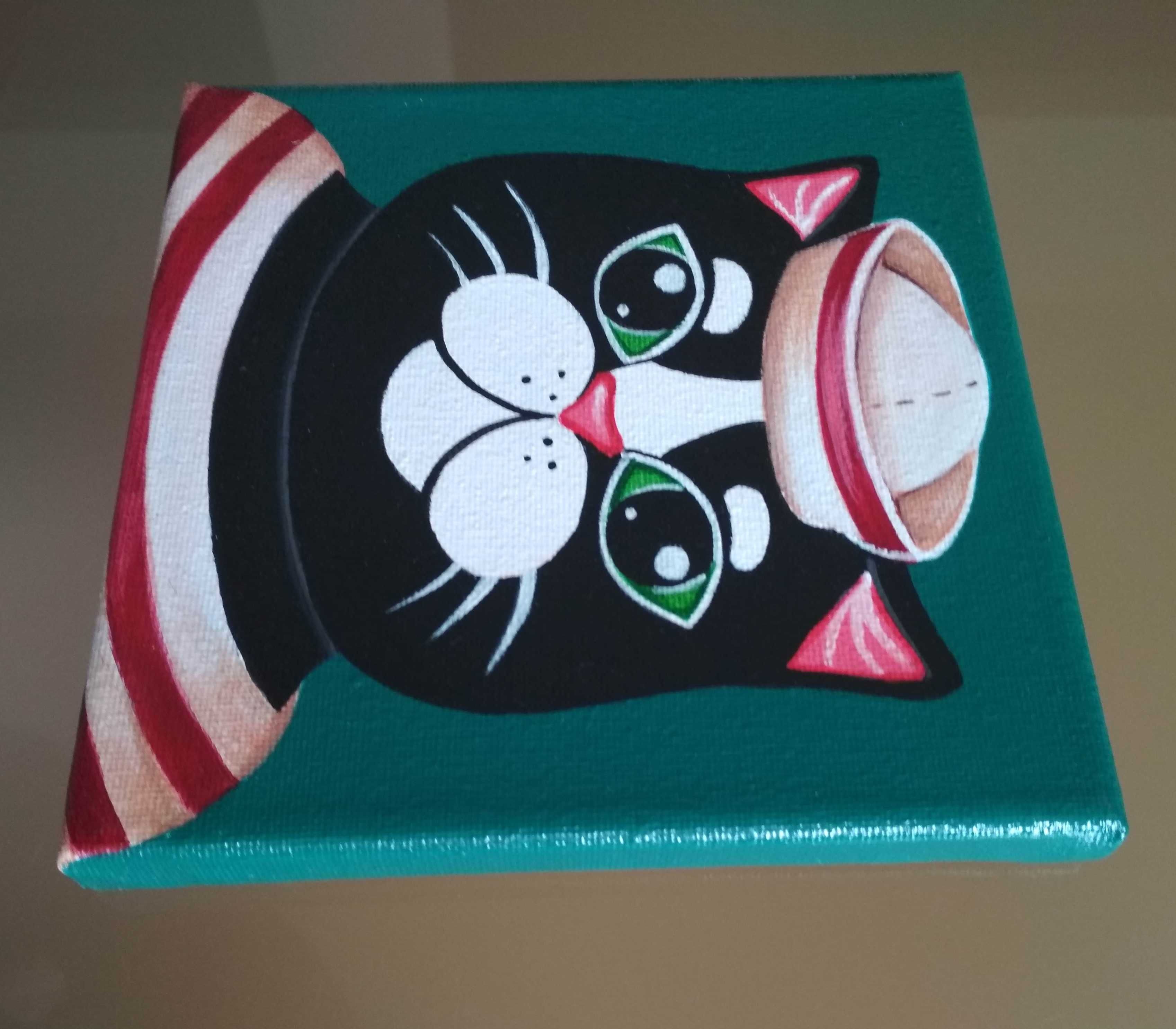 Czarny Kot Marynarz Oryginalny Miniaturowy Obraz 15x15 cm