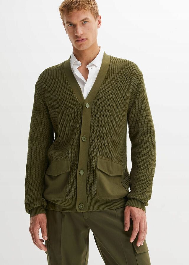 B.P.C Męski sweter rozpinany z kieszeniami ciemna zieleń ^56/58, XL